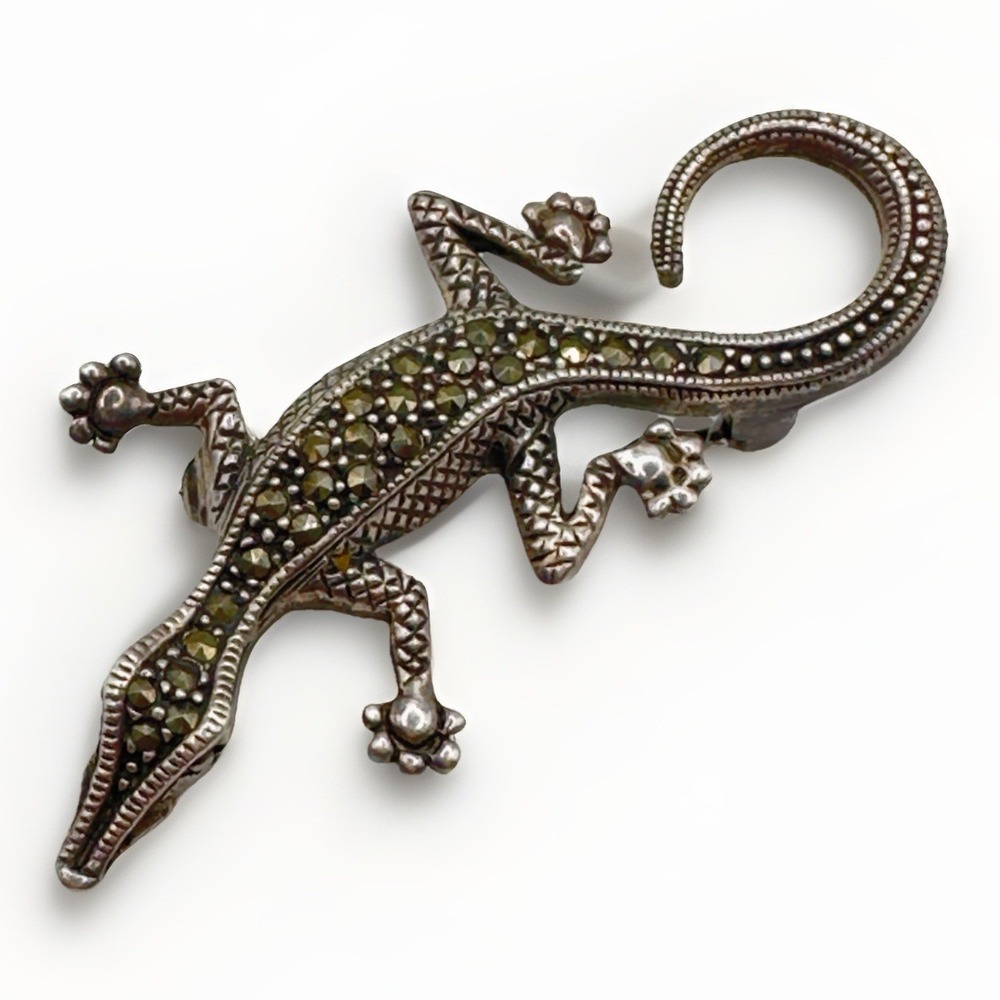Vintage Lizard Brooch Sterling Silver 925 Marcasite 2.25" Geico Salamander